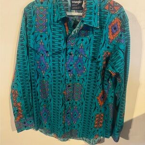 Wrangler Teal Geometric Print Western Shirt